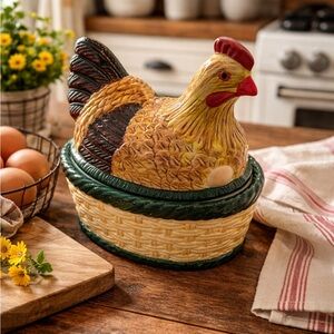 Baum Bros Red Check Rooster Hen on Nest Covered Dish Farmhouse Decor